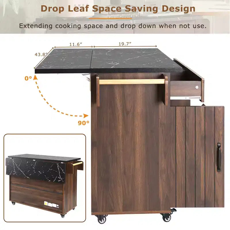 Rolling Kitchen Island with Trash Can Storage Cabinet, Kitchen Cart with Drop Leaf, Spice Rack, Towel Rack and Drawer