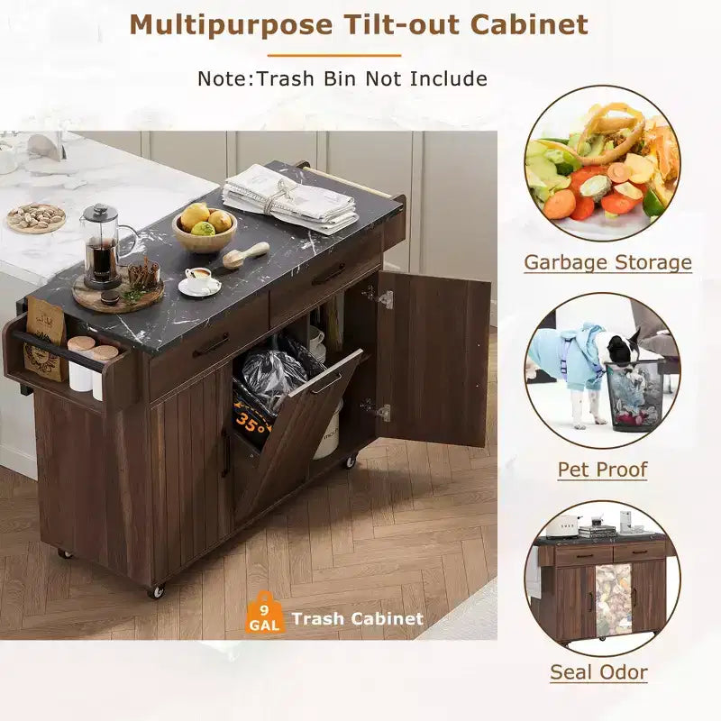 Rolling Kitchen Island with Trash Can Storage Cabinet, Kitchen Cart with Drop Leaf, Spice Rack, Towel Rack and Drawer