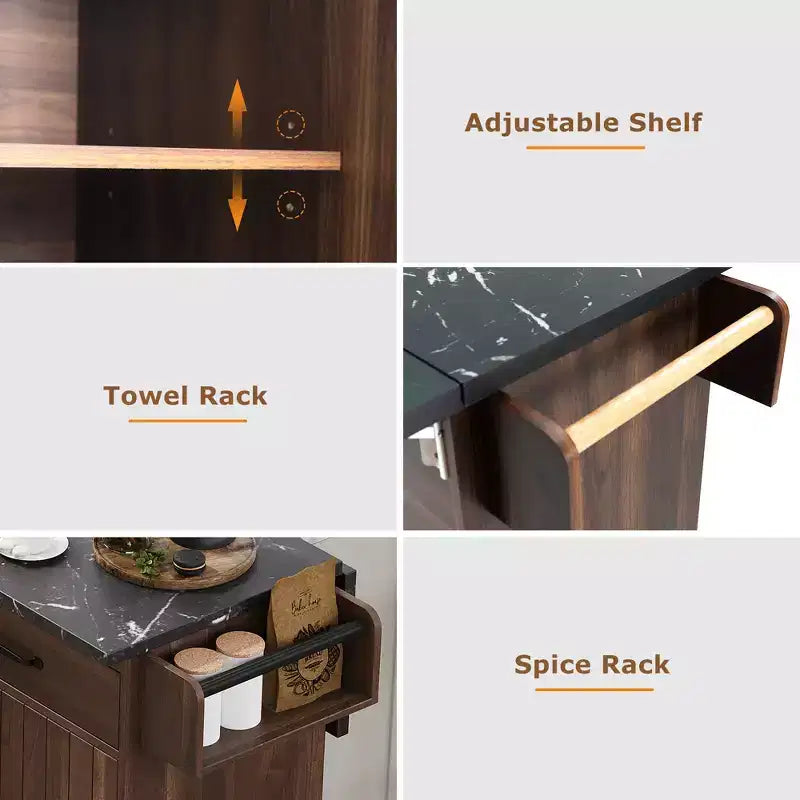 Rolling Kitchen Island with Trash Can Storage Cabinet, Kitchen Cart with Drop Leaf, Spice Rack, Towel Rack and Drawer