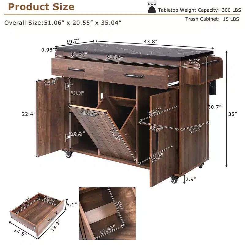 Rolling Kitchen Island with Trash Can Storage Cabinet, Kitchen Cart with Drop Leaf, Spice Rack, Towel Rack and Drawer