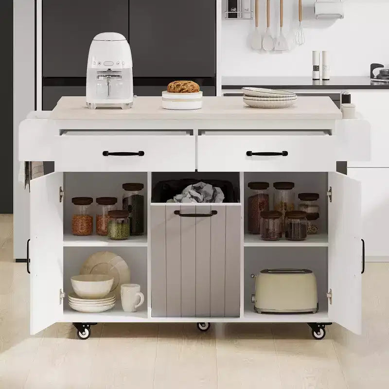 Rolling Kitchen Island with Trash Can Storage Cabinet, Kitchen Cart with Drop Leaf, Spice Rack, Towel Rack and Drawer