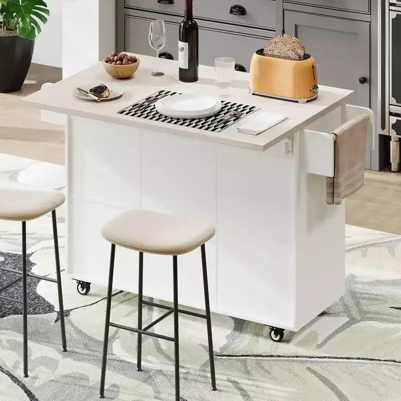 Rolling Kitchen Island with Trash Can Storage Cabinet, Kitchen Cart with Drop Leaf, Spice Rack, Towel Rack and Drawer