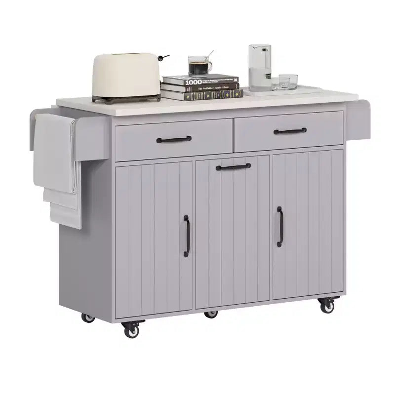Rolling Kitchen Island with Trash Can Storage Cabinet, Kitchen Cart with Drop Leaf, Spice Rack, Towel Rack and Drawer