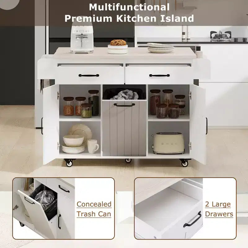 Rolling Kitchen Island with Trash Can Storage Cabinet, Kitchen Cart with Drop Leaf, Spice Rack, Towel Rack and Drawer