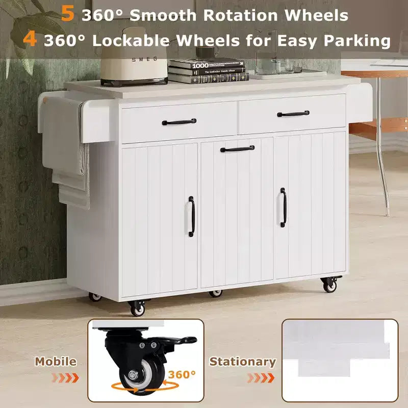 Rolling Kitchen Island with Trash Can Storage Cabinet, Kitchen Cart with Drop Leaf, Spice Rack, Towel Rack and Drawer
