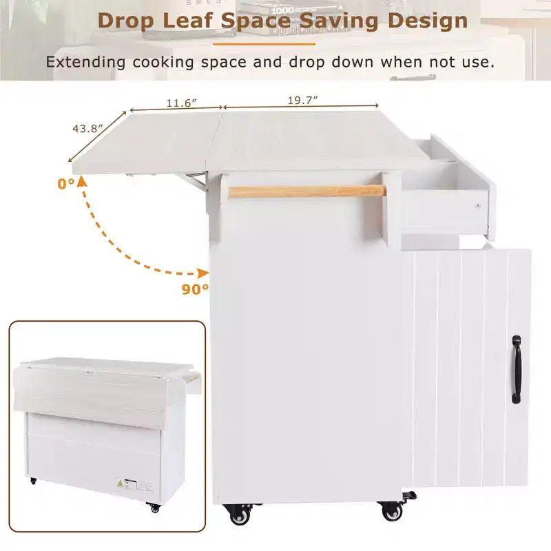 Rolling Kitchen Island with Trash Can Storage Cabinet, Kitchen Cart with Drop Leaf, Spice Rack, Towel Rack and Drawer