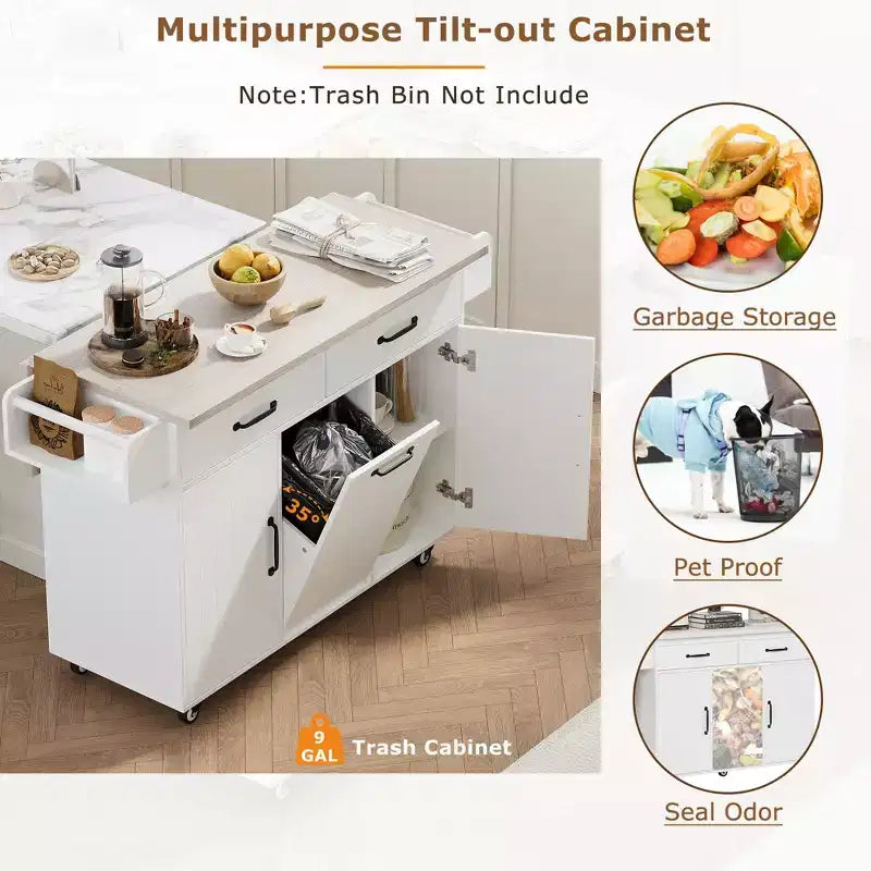 Rolling Kitchen Island with Trash Can Storage Cabinet, Kitchen Cart with Drop Leaf, Spice Rack, Towel Rack and Drawer