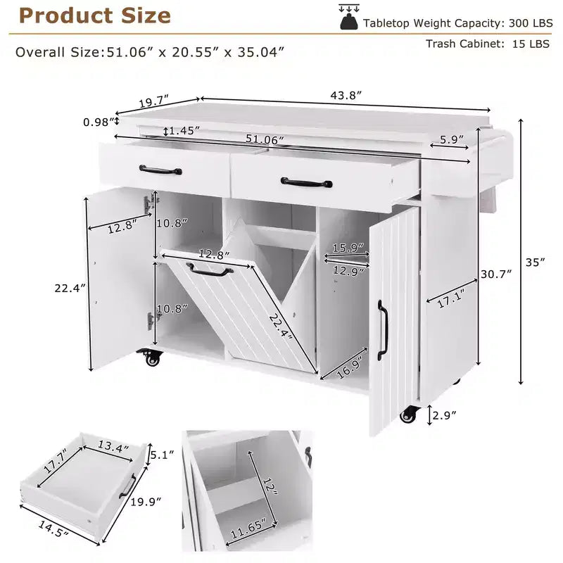 Rolling Kitchen Island with Trash Can Storage Cabinet, Kitchen Cart with Drop Leaf, Spice Rack, Towel Rack and Drawer