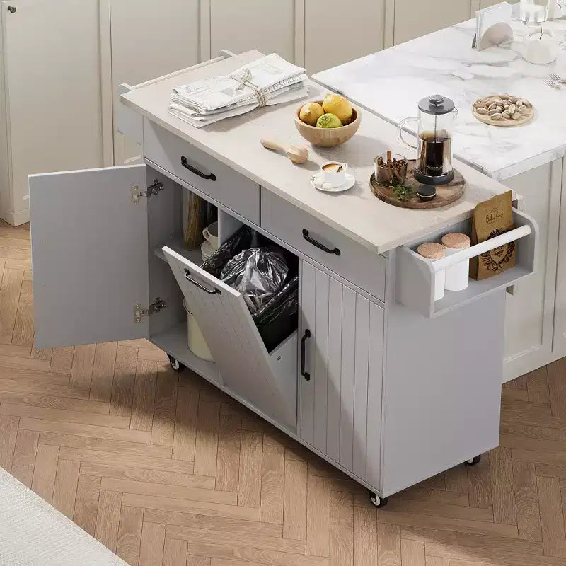 Rolling Kitchen Island with Trash Can Storage Cabinet, Kitchen Cart with Drop Leaf, Spice Rack, Towel Rack and Drawer