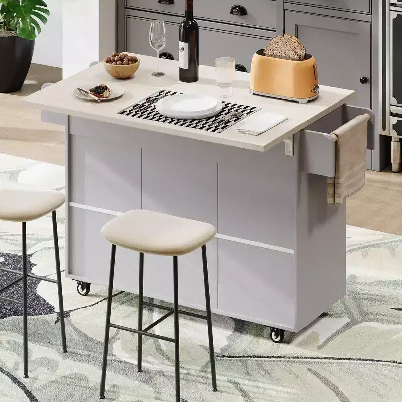 Rolling Kitchen Island with Trash Can Storage Cabinet, Kitchen Cart with Drop Leaf, Spice Rack, Towel Rack and Drawer