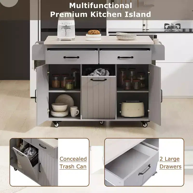 Rolling Kitchen Island with Trash Can Storage Cabinet, Kitchen Cart with Drop Leaf, Spice Rack, Towel Rack and Drawer