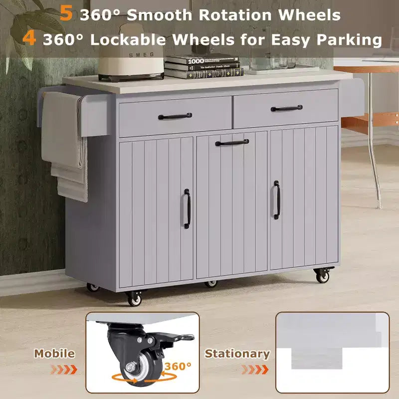 Rolling Kitchen Island with Trash Can Storage Cabinet, Kitchen Cart with Drop Leaf, Spice Rack, Towel Rack and Drawer