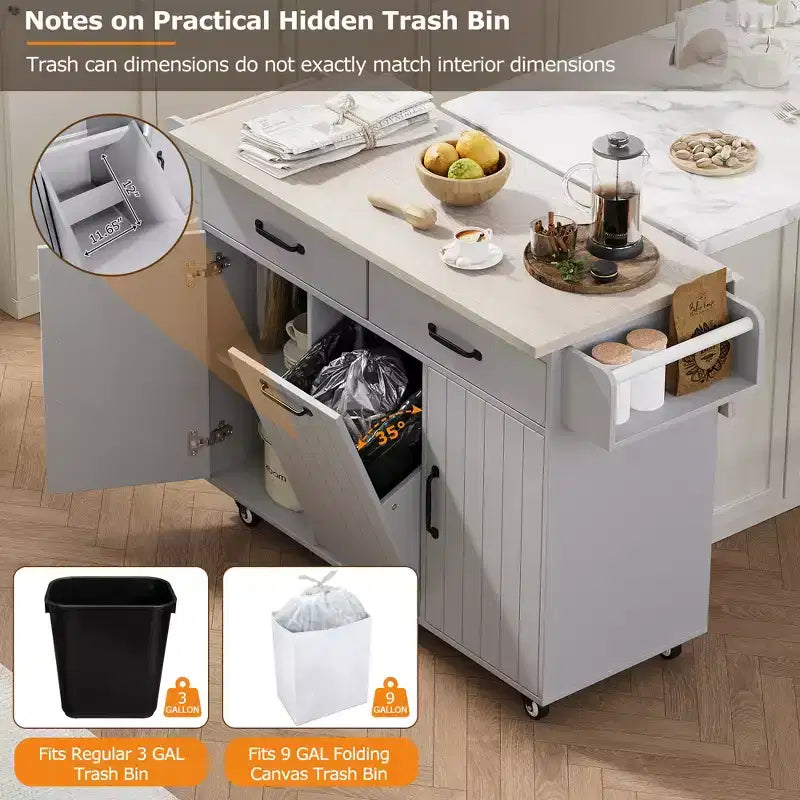 Rolling Kitchen Island with Trash Can Storage Cabinet, Kitchen Cart with Drop Leaf, Spice Rack, Towel Rack and Drawer
