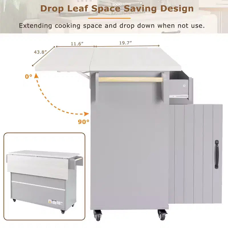 Rolling Kitchen Island with Trash Can Storage Cabinet, Kitchen Cart with Drop Leaf, Spice Rack, Towel Rack and Drawer