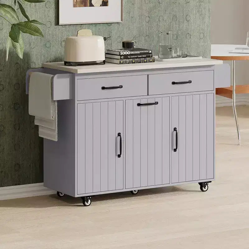 CLIHOME Rolling Kitchen Island with Trash Can Storage Cabinet, Kitchen Cart with Drop Leaf, Spice Rack, Towel Rack and Drawer