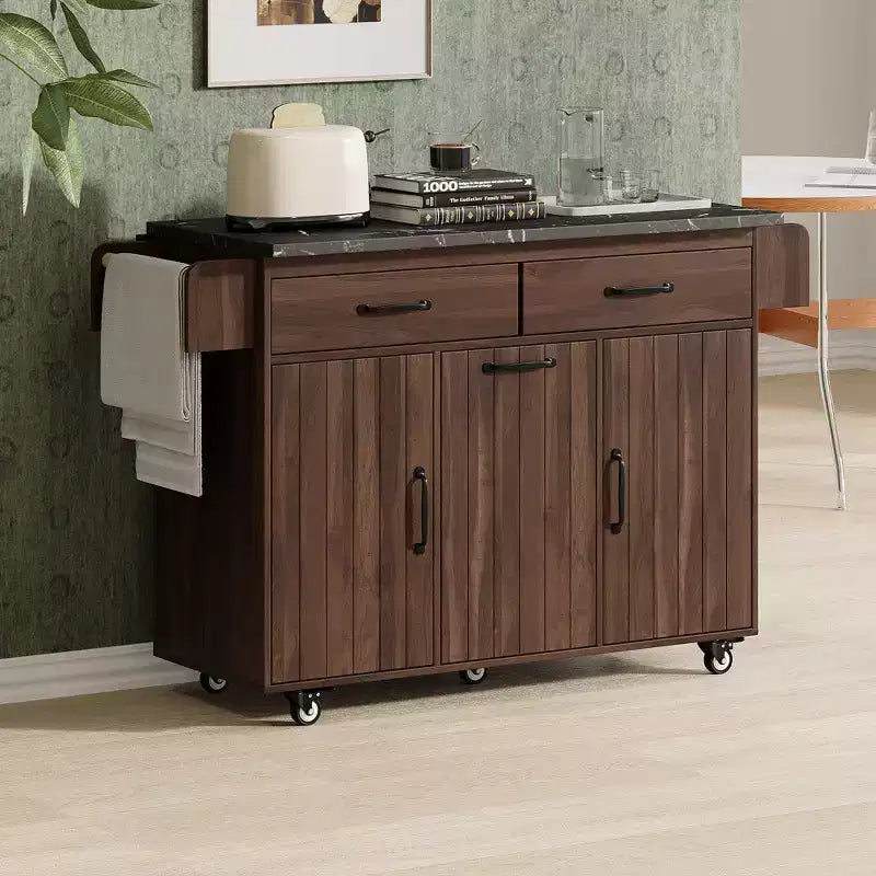 Rolling Kitchen Island with Trash Can Storage Cabinet, Kitchen Cart with Drop Leaf, Spice Rack, Towel Rack and Drawer