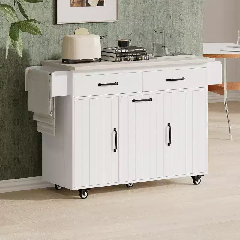 Rolling Kitchen Island with Trash Can Storage Cabinet, Kitchen Cart with Drop Leaf, Spice Rack, Towel Rack and Drawer