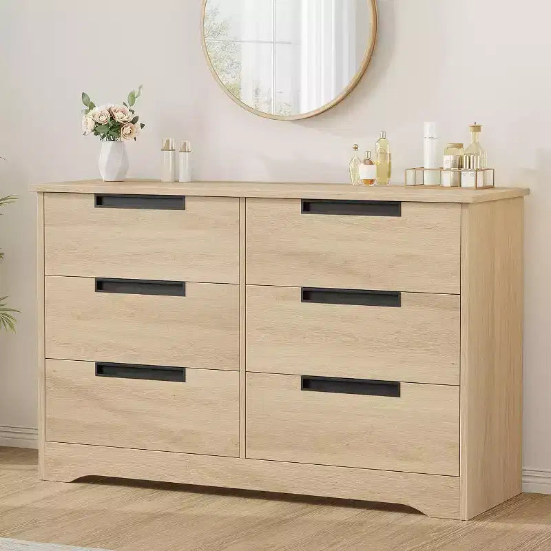6-Drawer Natural Wood Double Dresser - Modern Storage with Recessed Handles for Bedroom or Living Room