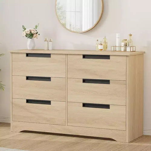 6-Drawer Natural Wood Double Dresser - Modern Storage with Recessed Handles for Bedroom or Living Room