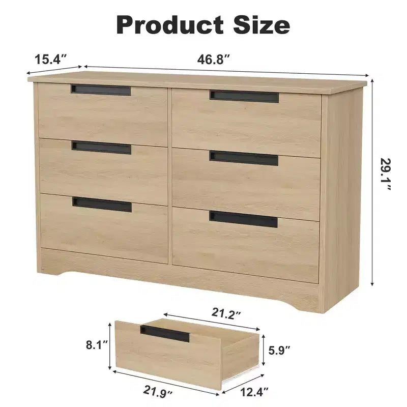 6-Drawer Natural Wood Double Dresser - Modern Storage with Recessed Handles for Bedroom or Living Room