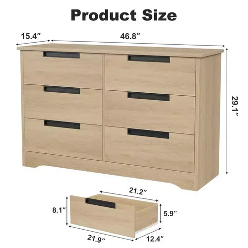 6-Drawer Natural Wood Double Dresser - Modern Storage with Recessed Handles for Bedroom or Living Room