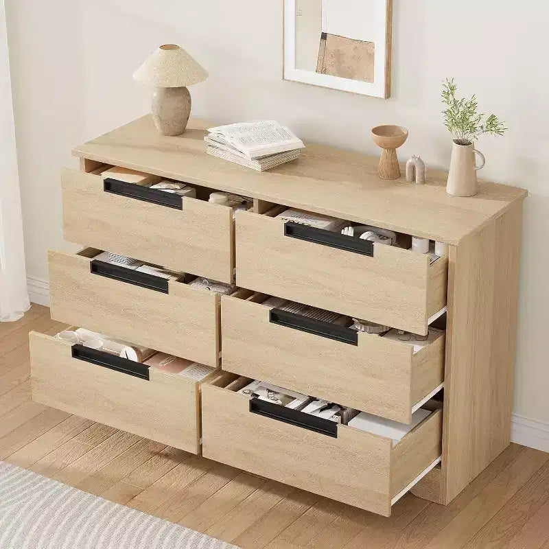 6-Drawer Natural Wood Double Dresser - Modern Storage with Recessed Handles for Bedroom or Living Room