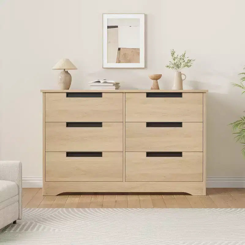 6-Drawer Natural Wood Double Dresser - Modern Storage with Recessed Handles for Bedroom or Living Room