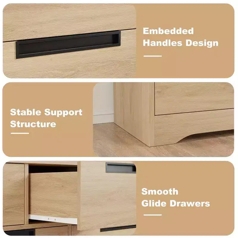 6-Drawer Natural Wood Double Dresser - Modern Storage with Recessed Handles for Bedroom or Living Room