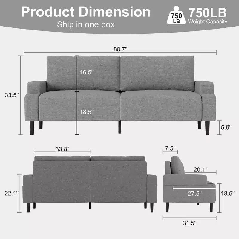 Modern 80'' Sofa Couch - Loveseat Sofa with Cup Holders & Side Pockets, Deep Seat Sofa Couch for Living Room