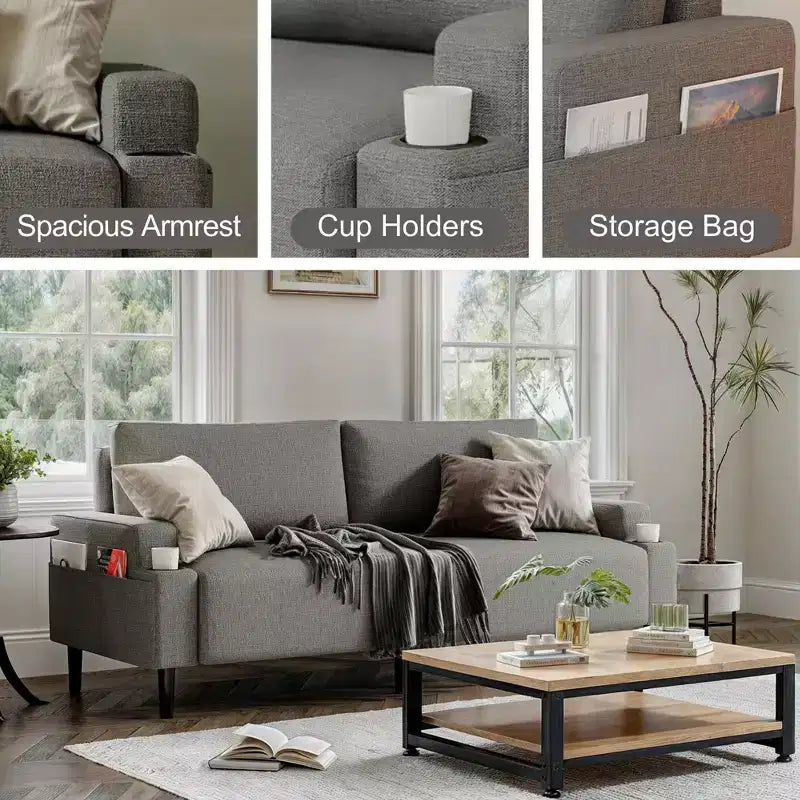 Modern 80'' Sofa Couch - Loveseat Sofa with Cup Holders & Side Pockets, Deep Seat Sofa Couch for Living Room