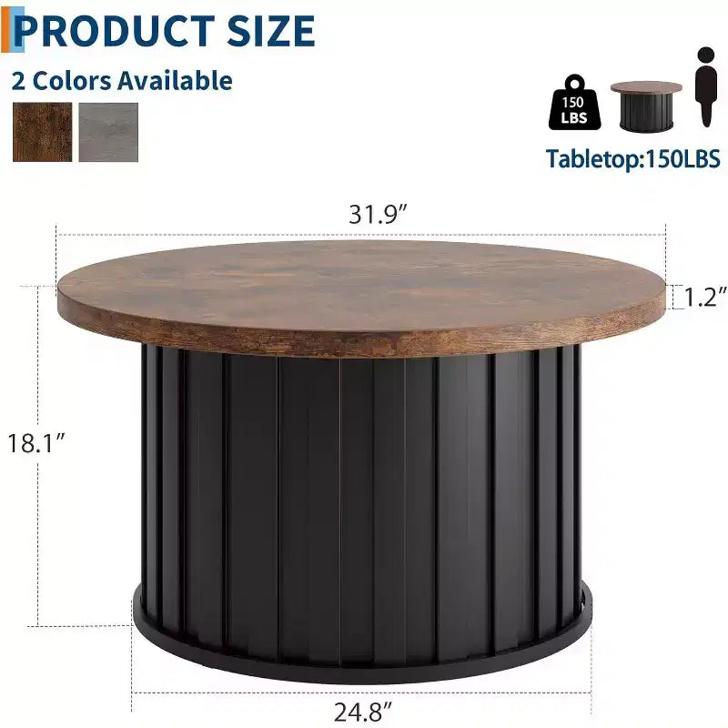 Modern Round Coffee Table, Fluted Mushroom Shape, MDF Top, Black Metal Base, 31.9, Easy Assembly