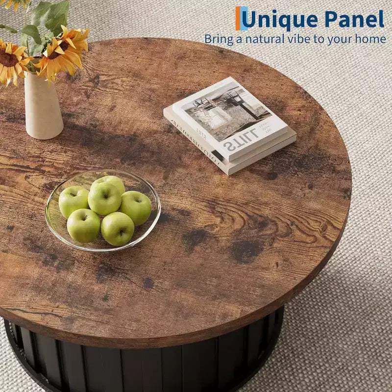 Modern Round Coffee Table, Fluted Mushroom Shape, MDF Top, Black Metal Base, 31.9, Easy Assembly