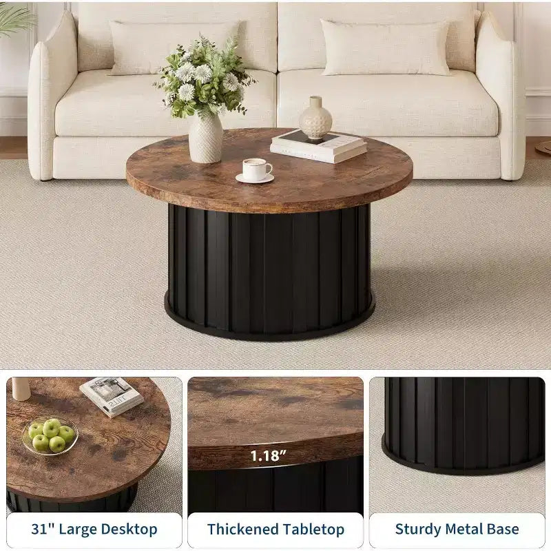 Modern Round Coffee Table, Fluted Mushroom Shape, MDF Top, Black Metal Base, 31.9, Easy Assembly