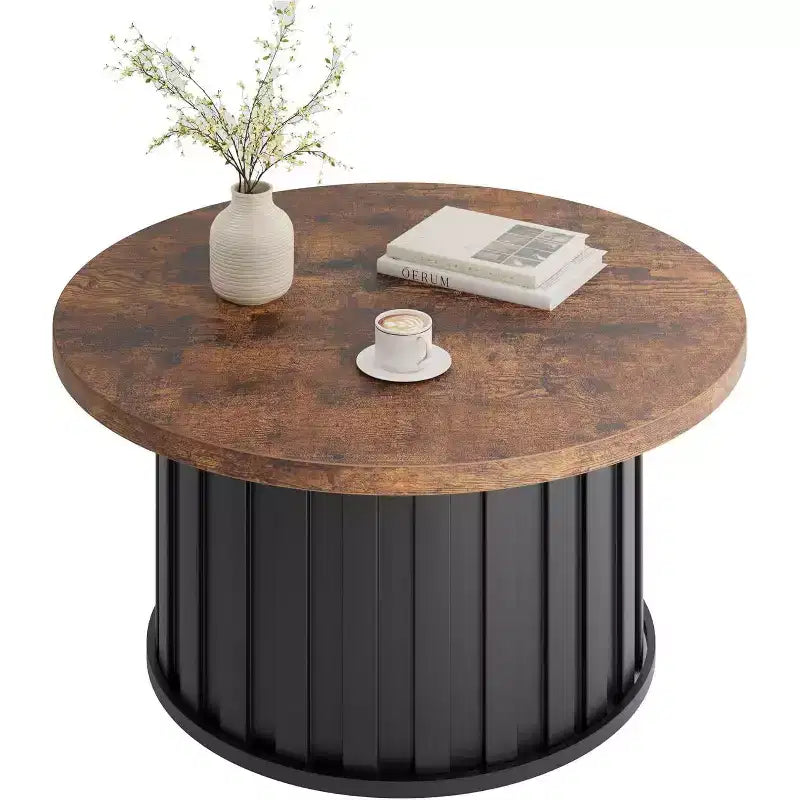 Modern Round Coffee Table, Fluted Mushroom Shape, MDF Top, Black Metal Base, 31.9, Easy Assembly