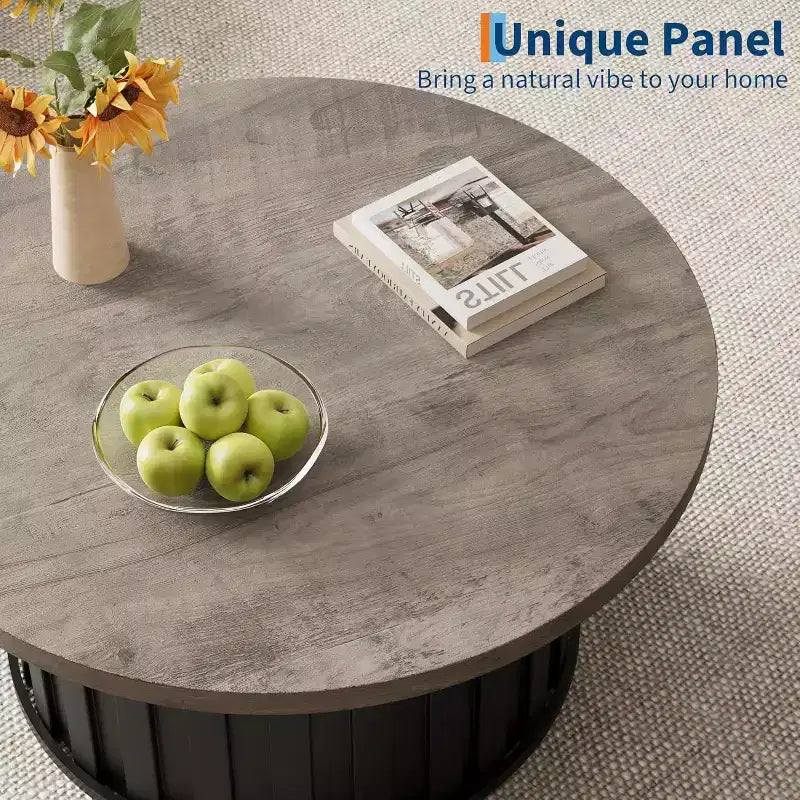 Modern Round Coffee Table, Fluted Mushroom Shape, MDF Top, Black Metal Base, 31.9, Easy Assembly