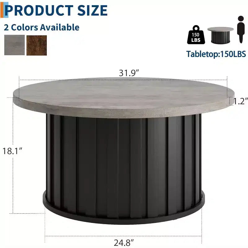 Modern Round Coffee Table, Fluted Mushroom Shape, MDF Top, Black Metal Base, 31.9, Easy Assembly