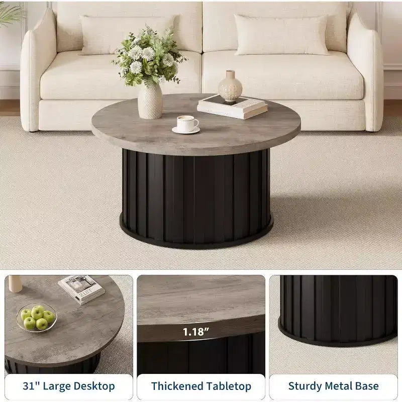 Modern Round Coffee Table, Fluted Mushroom Shape, MDF Top, Black Metal Base, 31.9, Easy Assembly