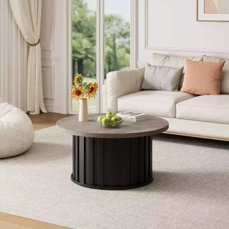 Modern Round Coffee Table, Fluted Mushroom Shape, MDF Top, Black Metal Base, 31.9, Easy Assembly