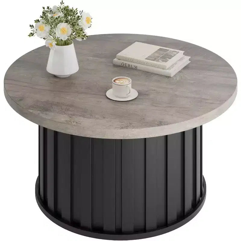 Modern Round Coffee Table, Fluted Mushroom Shape, MDF Top, Black Metal Base, 31.9, Easy Assembly