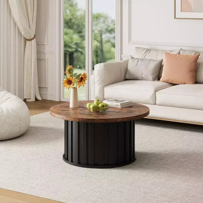 Modern Round Coffee Table, Fluted Mushroom Shape, MDF Top, Black Metal Base, 31.9, Easy Assembly
