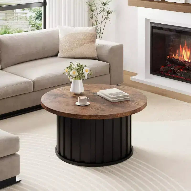 Modern Round Coffee Table, Fluted Mushroom Shape, MDF Top, Black Metal Base, 31.9, Easy Assembly