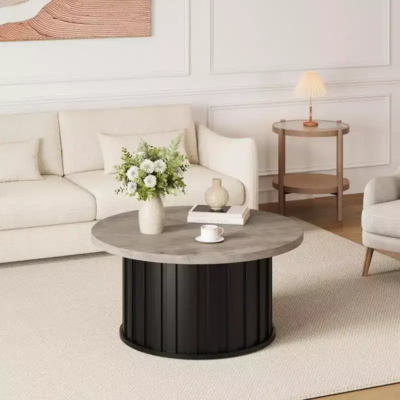 Acekool Modern Round Coffee Table, Fluted Mushroom Shape, MDF Top, Black Metal Base, 31.9, Easy Assembly