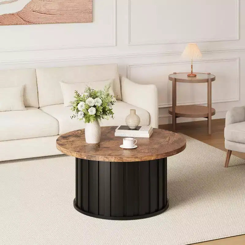 Modern Round Coffee Table, Fluted Mushroom Shape, MDF Top, Black Metal Base, 31.9, Easy Assembly