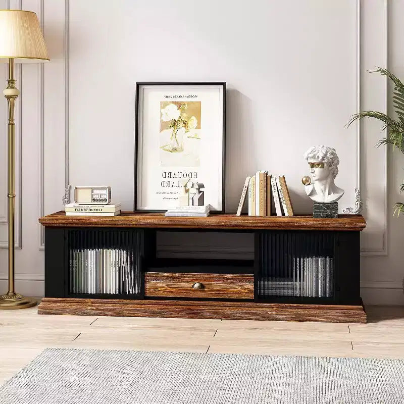 Acekool Modern TV Stand, Fir Wood & Iron Media Console, Large Drawer Storage, Open Shelf, Fits Up to 55 TV, 62.99 x 15.75 x 18.70