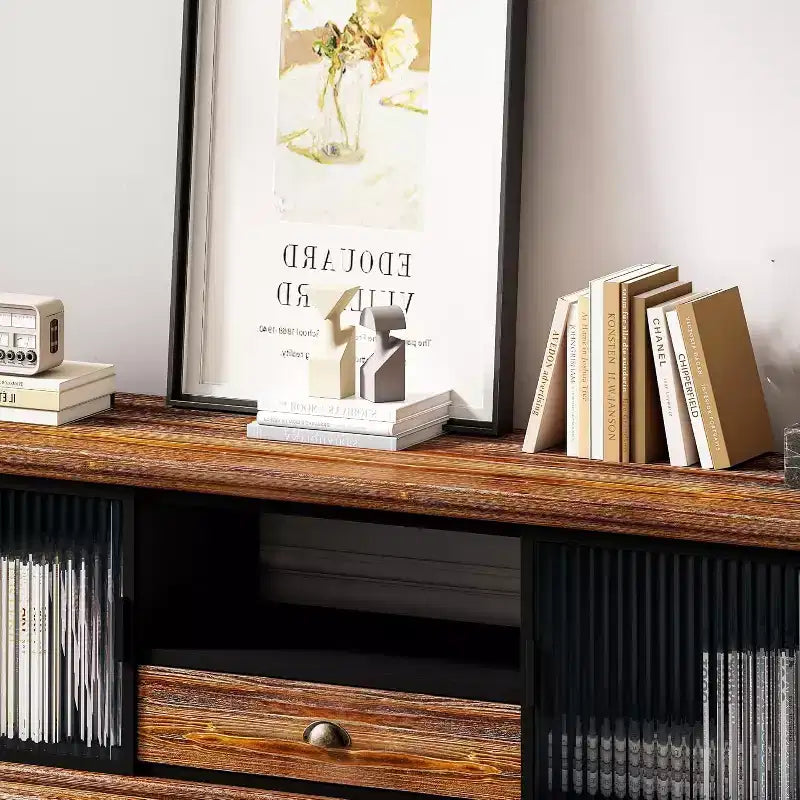 Modern TV Stand, Fir Wood & Iron Media Console, Large Drawer Storage, Open Shelf, Fits Up to 55 TV, 62.99 x 15.75 x 18.70