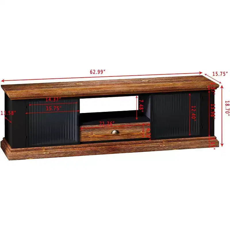 Modern TV Stand, Fir Wood & Iron Media Console, Large Drawer Storage, Open Shelf, Fits Up to 55 TV, 62.99 x 15.75 x 18.70