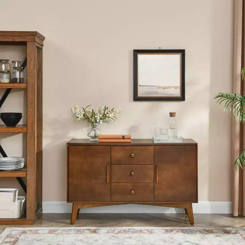 Okak 47in Sideboard Buffet with 2 Doors and 3 Drawers, Accent Console Table Cabinet, Storage Cabinet for Kitchen, Dining, Living Room, Walnut