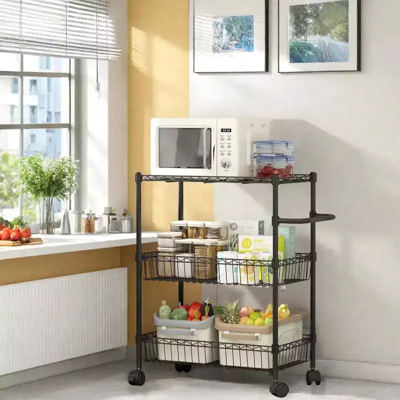 Utility Cart, 600LBS Heavy Duty 3 Tier Rolling Cart - Commercial Grade Wire Shelving, 360 Casters (Kitchen/Restaurant/Office)