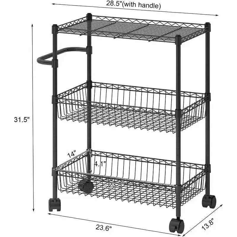 Utility Cart, 600LBS Heavy Duty 3 Tier Rolling Cart - Commercial Grade Wire Shelving, 360 Casters (Kitchen/Restaurant/Office)