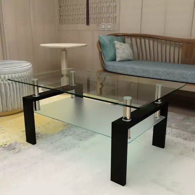 Henri Modern Rectangle Tempered Glass and Iron Coffee Table with Shelf